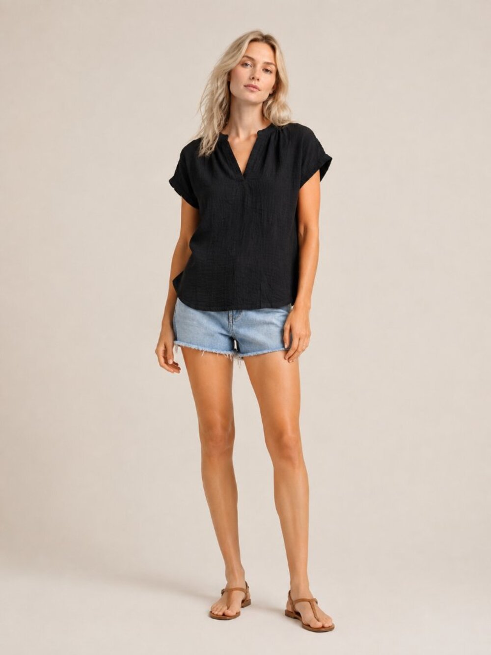 2/$30 Universal Thread Flutter Sleeve Crinkle Gauze V-neck Top Black #A3619